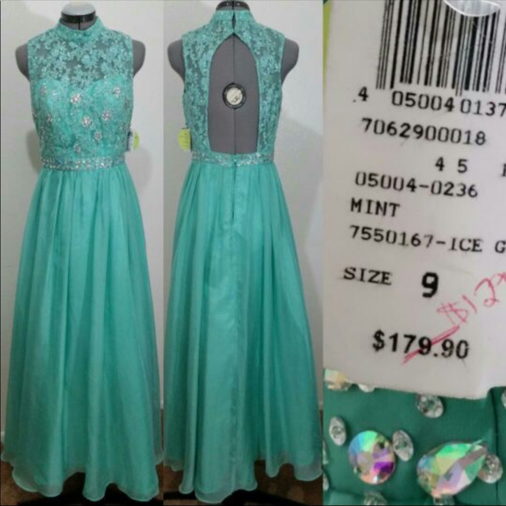 New embellished sea foam green long formal dress